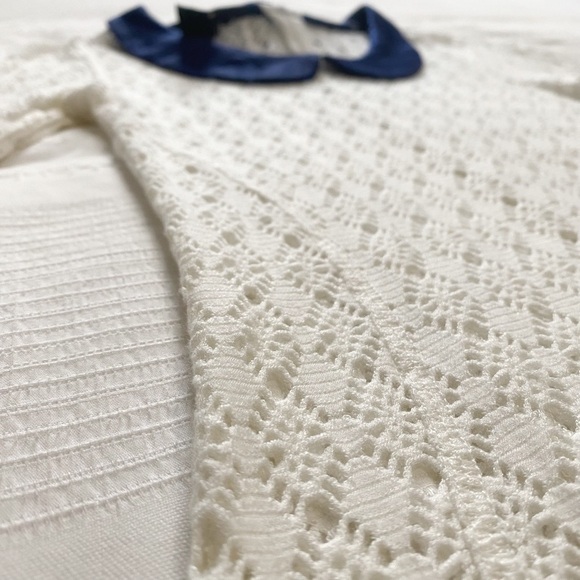 SMYTHE WHITE STRETCH CROCHET NAVY 100% SILK SATIN PETER PAN COLLAR BLOUSE TOP - Picture 8 of 10